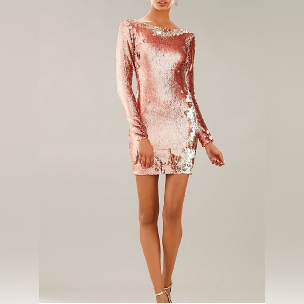 Dress the Population Lola Sequin Bodycon Dress w/ Open Back in Rose Gold - SZ L